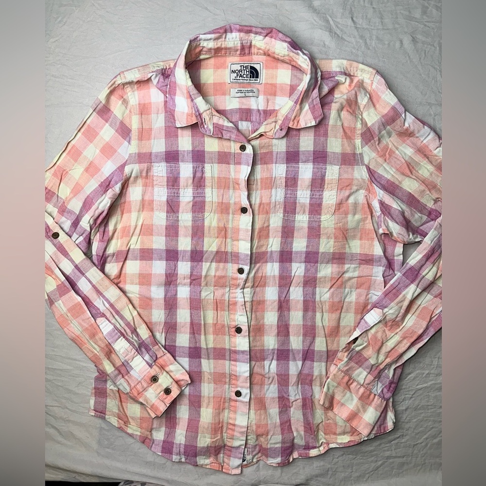 The North Face womens Pink and White Plaid long sleeve Shirt perfect for outdoor